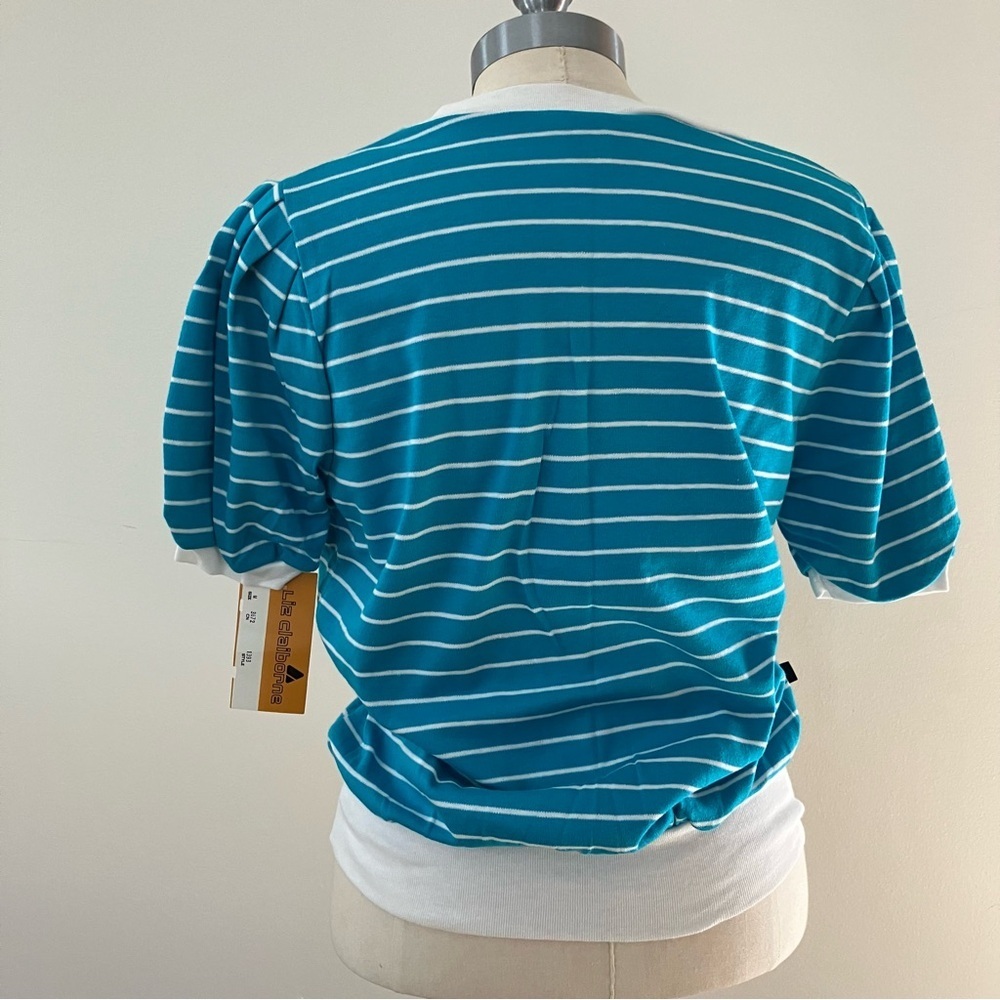 VTG 90s Women’s Striped V-neck Tennis Tshirt Preppy Sz. M Teal White Puff Sleeve - Picture 5 of 5